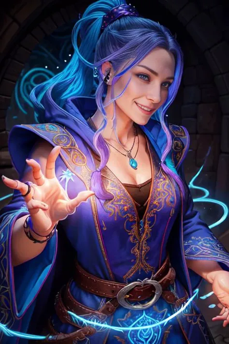 a medium color portrait illustration of an attractive female wizard with a ponytail wearing long loose flowing blue intricately embroidered wizard robes smiling, masterpiece, best quality <lora:epiNoiseoffset_v2:1>, highly detailed (dungeon background), mage_glam, necklace, pouches, belts, (large glowing runed circles), fire and ice, casting a spell <lora:blackMageFashion_v11:0.5>, highly detailed face, ultra high resolution
