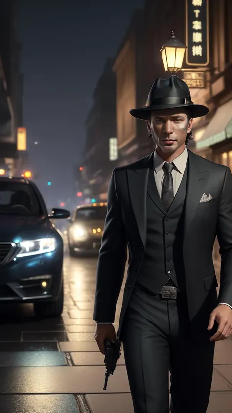 photo of (MCHasDex:0.99), a man as a detective, (walking down a street at night), (holstered gun), modelshoot style, (extremely detailed CG unity 8k wallpaper), photo of the most beautiful artwork in the world, professional majestic oil painting by Ed Blinkey, Atey Ghailan, Studio Ghibli, by Jeremy Mann, Greg Manchess, Antonio Moro, trending on ArtStation, trending on CGSociety, Intricate, High Detail, Sharp focus, dramatic, photorealistic painting art by midjourney and greg rutkowski, (wearing a fedora:1.1), (looking at viewer), (detailed pupils:1.3), closeup