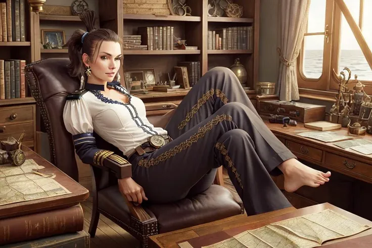 an intricately detailed illustration of an attractive [young] (brunette) (steampunk) pirate queen wearing a white laced blouse (in captains quarters:1.3) ((leaning back chair) with bare feet on cluttered desk), earrings, (nautical maps), [books], (tfftv008:1.0), (ponytail), loose canvas pants, bored, hands behind head,

masterpiece, best quality, intricately detailed, ultra high resolution