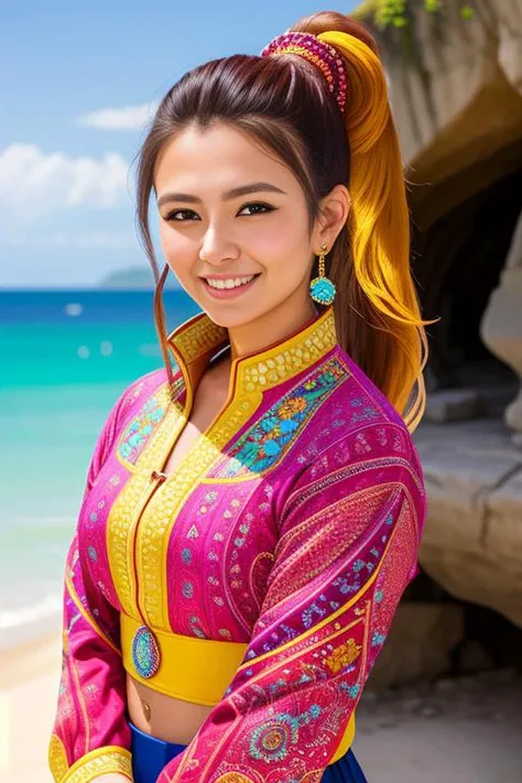 professional photograph, colorful portrait illustration, attractive young woman, ponytail, wearing a blouse, smiling, intricately detailed stone ruins background, [beach], by Alexandre Calame and Shigeru Ban