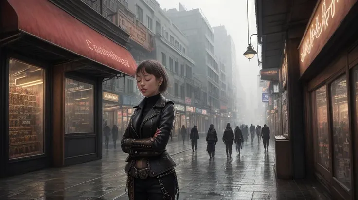 professional photo illustration, (attractive cybernetic woman crying (alone)), detailed face, (closed eyes), worn leather jacket, (steampunk cyborg:1.3), in a corner of a run down dystopian street, leaning against a pillar for support, 8k, hdr, (intricate details, hyperdetailed:1.2), stark lighting, hyper realism, storefronts, (distant pedestrians:1.3), litter, clutter, rodents, lights, rainy, <lora:epiNoiseoffset_v2:0.8>