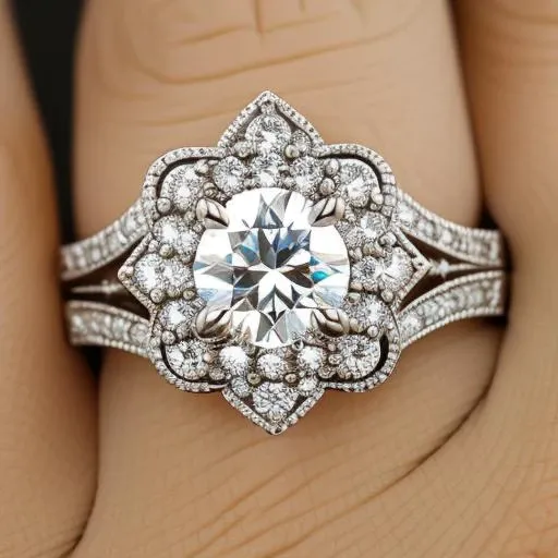 beautiful diamond ring with filigree on the thin band, insanely detailed, high detail, incredible detail