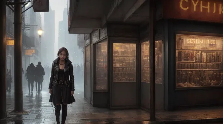 professional photo illustration, (attractive cybernetic woman crying (alone)), detailed face, (closed eyes), worn leather jacket, (steampunk cyborg:1.3), in a corner of a run down dystopian street, leaning against a pillar for support, 8k, hdr, (intricate details, hyperdetailed:1.2), stark lighting, hyper realism, storefronts, (distant pedestrians:1.3), litter, clutter, rodents, lights, rainy, <lora:epiNoiseoffset_v2:0.8>