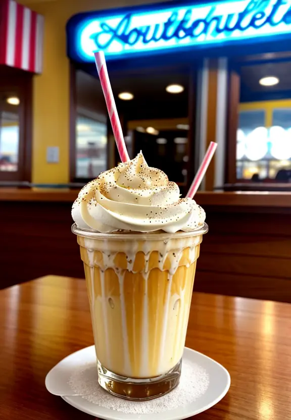 photo of an amazing loaded snozboffle milkshake. chocolate hurricaneism syrup. whipped creampunk, busy retro diner background, 8k, hr, hdr, photo realistic, sharp focus, by Jean Paul Gaultier and Jules Bastien-Lepage  and Stella McCartney and Mark Keathley