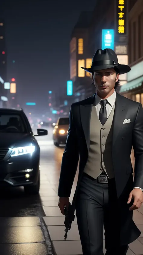 photo of (MCHasDex:0.99), a man as a detective, (walking down a street at night), (holstered gun), modelshoot style, (extremely detailed CG unity 8k wallpaper), photo of the most beautiful artwork in the world, professional majestic oil painting by Ed Blinkey, Atey Ghailan, Studio Ghibli, by Jeremy Mann, Greg Manchess, Antonio Moro, trending on ArtStation, trending on CGSociety, Intricate, High Detail, Sharp focus, dramatic, photorealistic painting art by midjourney and greg rutkowski, (wearing a fedora:1.1), (looking at viewer), (detailed pupils:1.3), closeup