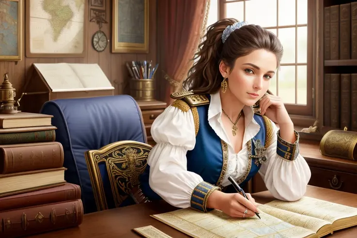 intricately detailed illustration, attractive [young] (brunette steampunk pirate queen), wearing a white laced blouse (in captains quarters:1.3), ((leaning back on chair) with bare her feet on cluttered desk), earrings, (nautical maps), [books], (tfftv008:1.0), (ponytail), loose canvas pants, bored, hands behind head,masterpiece, best quality, intricately detailed, ultra high resolution, 8k, hr, hdr, photo realistic, sharp focus, by Jean Paul Gaultier and Jules Bastien-Lepage  and Stella McCartney and Mark Keathley