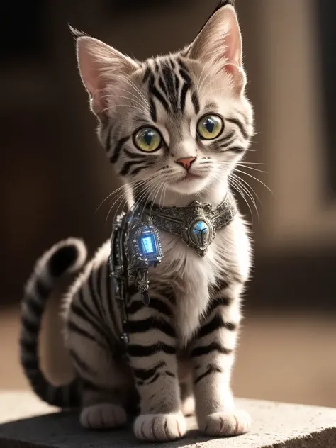 a cute kitten made out of metal, (cyborg:1.1), ([tail | detailed wire]:1.3), (intricate details), hdr, (intricate details, hyperdetailed:1.2), cinematic shot, vignette, centered, 8k, hr, hdr, photo realistic, sharp focus, by Jean Paul Gaultier and Jules Bastien-Lepage  and Stella McCartney and Mark Keathley