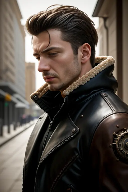 professional photograph, colorful portrait illustration, depressed attractive cybernetic man looking down while crying, (steampunk cyborg:1.2), (intricate details), hdr, (intricate details, hyperdetailed:1.2), cinematic shot, stark lighting, facing away from camera, hyperrealism, <lora:epiNoiseoffset_v2:0.8>, side shot, portrait, torso, hyperdetailed real human hair, (closed eyes), worn leather jacket, Fujifilm XT3, by Alexandre Calame and Alyssa Monks and Shigeru Ban, 8k, hr, hdr, photo realistic, sharp focus, by Jean Paul Gaultier and Jules Bastien-Lepage and Stella McCartney and Mark Keathley