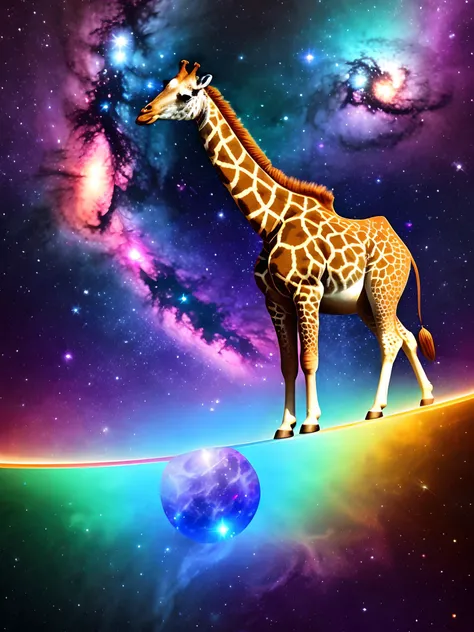 a giraffe floating trough space, surreal, fantasy, psychedelic, magical, refraction, shiny, stars, nebula, gasclouds, galaxy, colorful, wide angle, hyper realistic, masterpiece, HDR, 8K UHD