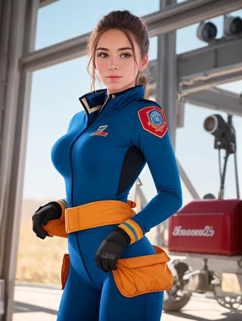 (realistic photo of 18 year old gorgeous firefighter 1girl wearing firefighter outfit:1), baggy protective sleeves with (skin-tight:1.2) protective full body suit underneath, 4k, 8k, HDR, depth of field, bokeh, ultra detailed, (accentuate her feminine figure:1), tight pants, mischievous facial expression, (slim skinny figure), [narrow hips], [narrow shoulders], bunching up fabric,