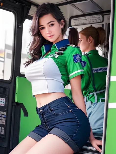 sfw, (realistic photo of 18 year old gorgeous paramedic 1girl in the back of an ambulance:1.2), skin-tight paramedic outfit, 4k, 8k, HDR, (depth of field:1.2), bokeh, ultra detailed, (mischievous:1.2) facial expression, (slim skinny figure), [narrow hips], [narrow shoulders], leaning over, tight pants,