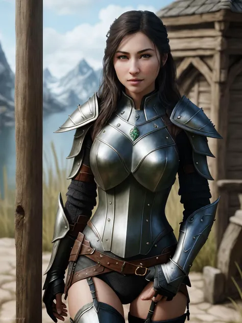 realistic RAW photo of 18 year old gorgeous 1girl posing suggestively|sexually in fantasy, slutty armor in Skyrim. 4k, 8k, HDR, (depth of field:1.1), bokeh, ultra detailed, (slim skinny figure:1.2), bloom, ray tracing, [crisscross], wide angle lens, (sharp focus:1.2), detailed eyes, luscious lips, intricate high detailed skin, intricate details, hyperdetailed, f/5.6, absurdres, professional, (photorealistic, photo-realistic, realism, hyperrealism, art photography, analog:1.5), award winning masterpiece, (adventurous|mischievous:1.2) smirk facial expression, Fujifilm XT3