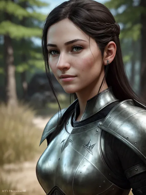 realistic RAW photo of 18 year old gorgeous 1girl posing in fantasy armor in Skyrim. 4k, 8k, HDR, (depth of field:1.1), bokeh, ultra detailed, (slim skinny figure:1.2), bloom, ray tracing, [crisscross], wide angle lens, (sharp focus:1.2), detailed eyes, luscious lips, intricate high detailed skin, intricate details, hyperdetailed, f/5.6, absurdres, professional, (photorealistic, photo-realistic, realism, hyperrealism, art photography, analog:1.5), award winning masterpiece, (adventurous|mischievous:1.2) smirk facial expression, Fujifilm XT3