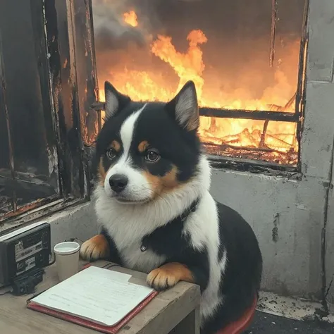 extremely relaxed anime dog on fire drinking coffee like a person working at a desk while being ((in a building on fire))