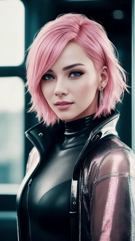 (RAW, analogue, Nikon Z 14mm ultra-wide angle lens, award-winning glamour photograph, ((best quality)), ((masterpiece)), ((realistic)), skin pores, subsurface scattering, radiant light rays, high-res, detailed facial features, high detail, sharp focus, smooth, aesthetic, extremely detailed, (extremely detailed eyes, extremely detailed iris), extremely detailed hair, extremely detailed skin, extremely detailed clothes, octane render, photorealistic, realistic, post-processing, max detail, realistic shadows, roughness, natural skin texture, real life, ultra-realistic, photorealism, photography, 8k UHD, photography, hdr, intricate, elegant, highly detailed, sharp focus, stunning, beautiful, gorgeous), realistic, masterpiece, highest quality, 1girl, short hair, (pink hair), (rim light), medium breast, ((cyberpunk clothes, futuristic, transparent PVC jacket, cyberpunk setting, cinematic, in a convenience store:1.1)), ((look at the viewer)), Intricate, High Detail, dramatic, realism, beautiful and detailed lighting, shadows, (high detailed skin:1.2), 8k uhd, dslr, soft lighting, high quality, film grain, Fujifilm XT3, upper body, backpack, grin, earring,