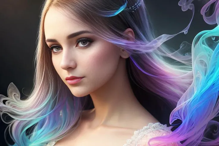 Romanticism, UHD, attractive, ethereal, elegant, girl, beautiful, flawless, angelic, soft liquid rainbow smoke background, wind, fractal neon antimatter finish, highly detailed, trending on artstation, sharp focus, studio photo, intricate details, highly detailed, by Artgerm, Thomas Kinkade, Anna Dittmann, Gerhard Richter, <lora:rmadart3NoiseoffsetSD1_v10:1>