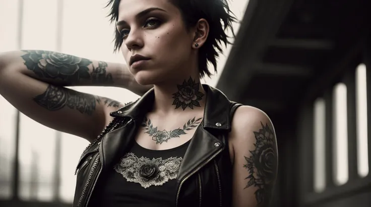 photo of a punk rock girl wearing black, earring, soft cinematic light, adobe lightroom, photolab, hdr, intricate, highly detailed, fine details, key light, backlight, sharp focus, soothing tones, low contrast, exposure blend, movie scene, film grain, bokeh