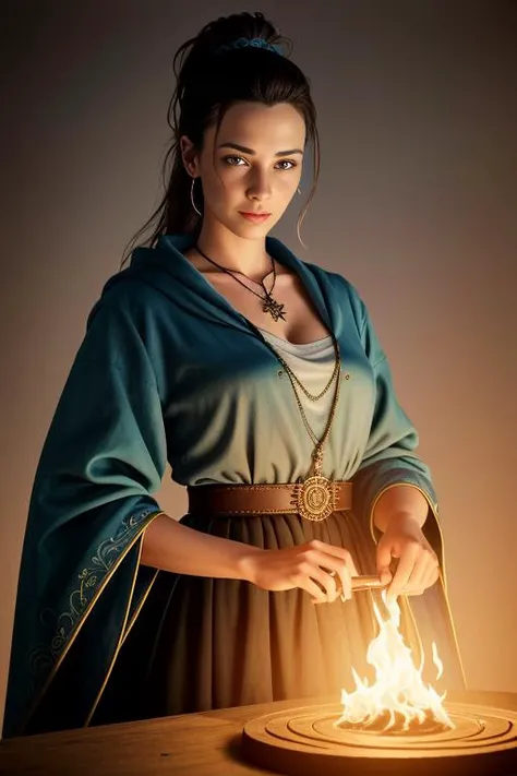 a medium color portrait illustration of an attractive female wizard with a ponytail wearing long loose flowing blue intricately embroidered wizard robes smiling, masterpiece, best quality, highly detailed (dungeon background), mage_glam, necklace, pouches, belts, (large glowing runed circles), fire and ice, casting a spell, highly detailed face, ultra high resolution, in the style of adrian ghenie, esao andrwes, jenny saville, endward hopper, surrealism, dark art by james jean, takato yamamoto, inkpunk minimalism, Best quality details, realistic, High definition, High quality texture, epic lighting, Cinematic film still, 8k, soft lighting