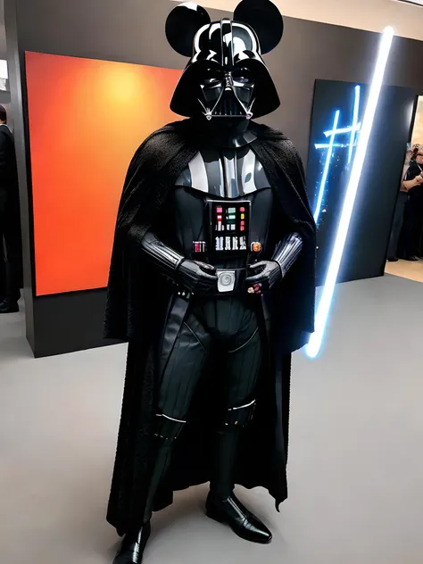 a mouse cosplaying as darth vader, disney, star wars, wide angle, hyper realistic, masterpiece, HDR, 8K UHD