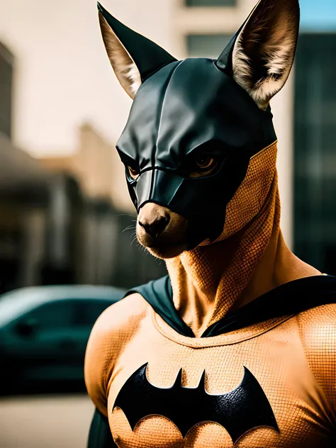 a kangaroo cosplaying as batman, wide angle, hyper realistic, masterpiece, HDR, 8K UHD