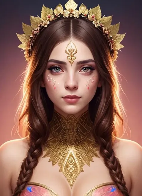 (symmetry:1.1) (portrait of floral:1.05) a woman as a beautiful goddess, (assassins creed style:0.8), pink and gold and opal color scheme, beautiful intricate filegrid facepaint, intricate, elegant, highly detailed, digital painting, artstation, concept art, smooth, sharp focus, illustration, art by greg rutkowski and alphonse mucha, 8k