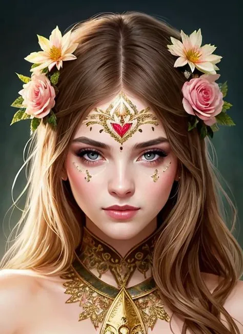 (symmetry:1.1) (portrait of floral:1.05) a woman as a beautiful goddess, (assassins creed style:0.8), pink and gold and opal color scheme, beautiful intricate filegrid facepaint, intricate, elegant, highly detailed, digital painting, artstation, concept art, smooth, sharp focus, illustration, art by greg rutkowski and alphonse mucha, 8k