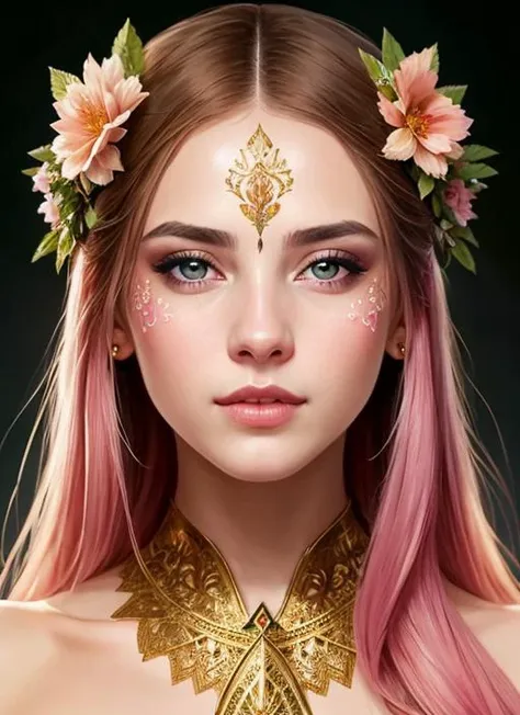 (symmetry:1.1) (portrait of floral:1.05) a woman as a beautiful goddess, (assassins creed style:0.8), pink and gold and opal color scheme, beautiful intricate filegrid facepaint, intricate, elegant, highly detailed, digital painting, artstation, concept art, smooth, sharp focus, illustration, art by greg rutkowski and alphonse mucha, 8k