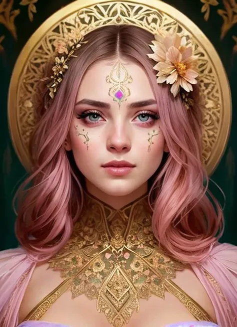 (symmetry:1.1) (portrait of floral:1.05) a woman as a beautiful goddess, (assassins creed style:0.8), pink and gold and opal color scheme, beautiful intricate filegrid facepaint, intricate, elegant, highly detailed, digital painting, artstation, concept art, smooth, sharp focus, illustration, art by greg rutkowski and alphonse mucha, 8k