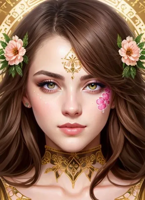 (symmetry:1.1) (portrait of floral:1.05) a woman as a beautiful goddess, (assassins creed style:0.8), pink and gold and opal color scheme, beautiful intricate filegrid facepaint, intricate, elegant, highly detailed, digital painting, artstation, concept art, smooth, sharp focus, illustration, art by greg rutkowski and alphonse mucha, 8k