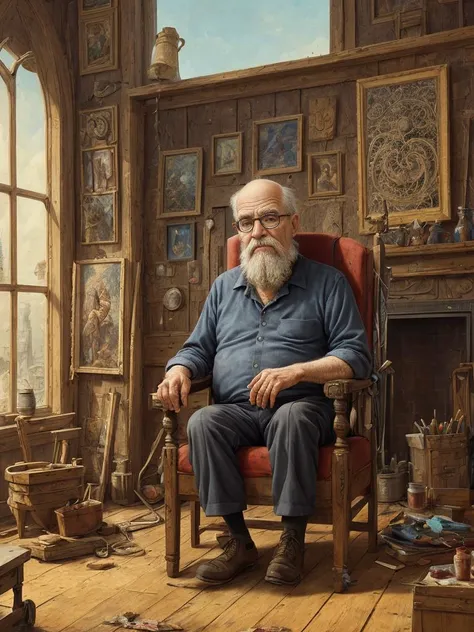 oldman in chair, complex stuff around, intricate in the background, art, close up, painting, detailed, cartoon, cinematic shot, fantasy, low saturation, vignette, [hdr]