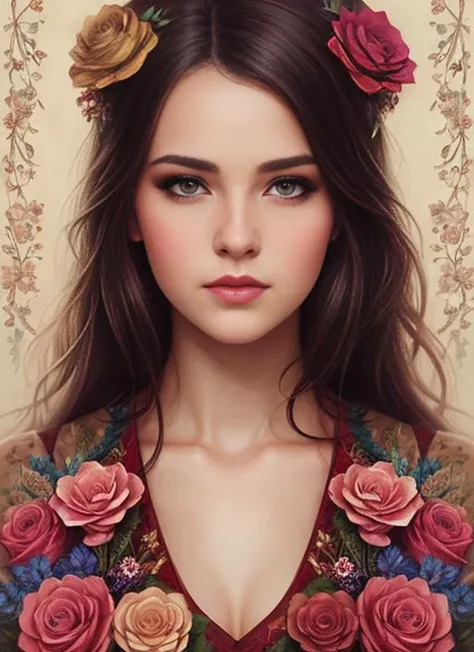 Charlie Bowater realistic Lithography sketch portrait of a woman, flowers, [gears], pipes, dieselpunk, multi-colored ribbons, old paper texture, highly detailed