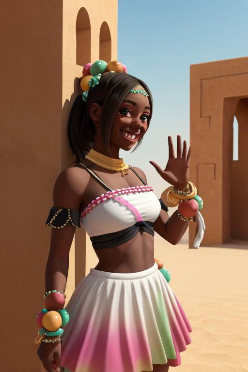 masterpiece, best quality, timerra, hair ornament, multicolored beads, crop top, frilled skirt, bracelet, upper body, standing, desert, sun, palm trees, middle eastern architecture, looking at viewer, (smile:1.3), closed mouth, hand up <lora:timerra-nvwls-v1:0.9>