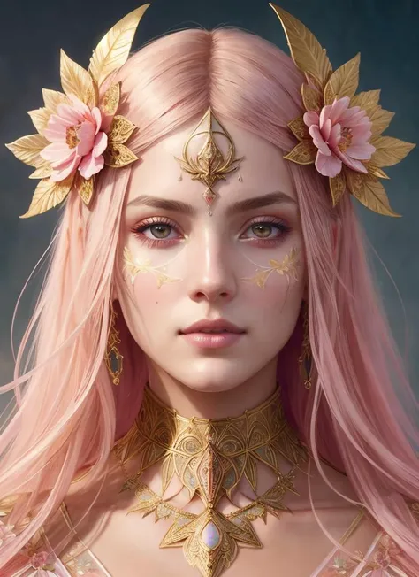 (symmetry:1.1) (portrait of floral:1.05) a woman as a beautiful goddess, (assassins creed style:0.8), pink and gold and opal color scheme, beautiful intricate filegrid facepaint, intricate, elegant, highly detailed, digital painting, artstation, concept art, smooth, sharp focus, illustration, art by greg rutkowski and alphonse mucha, 8k