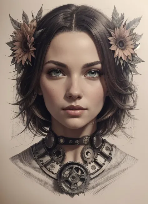 Charlie Bowater realistic Lithography sketch portrait of a woman, flowers, [gears], pipes, dieselpunk, multi-colored ribbons, old paper texture, highly detailed