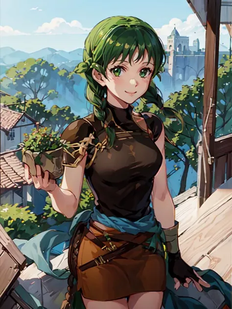 <lora:fireemblem_rebecca-11>, rebecca \(fire emblem\), twin braids, sleeveless, shoulder armor, mini skirt, from above, foreshortening, upper body, smile, laughter, (medieval village, wooden house, nature:1.2)