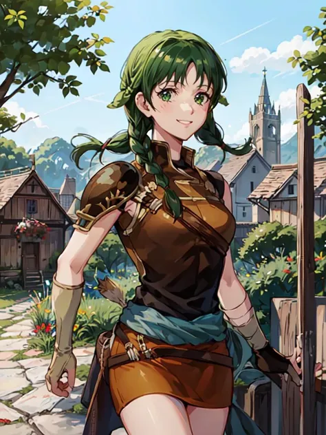 <lora:fireemblem_rebecca-11>, rebecca \(fire emblem\), twin braids, sleeveless, shoulder armor, mini skirt, foreshortening, upper body, smile, laughter, (medieval village, wooden house, nature:1.2)