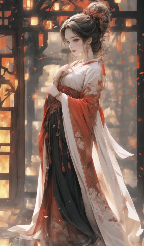 (Masterpiece:1.2, high quality), (pixiv:1.4),(Gongbi painting of the Song Dynasty:1.4)(wide-angle lens,Panoramic:1.2),(imid shot:0.95),(imid shot,macro shot:1.25),Dynamic Angle, Perspective, High Point,
masterpiece, best quality, 8k, insane details, intricate details, hyperdetailed, hyper quality, highancient China(Chinese architecture:1.5)Braid(mature female:1.5),sideways glance, (cold attitude:1.2),
Eyebrows like early spring willow leaves, often with rain hate cloud sorrow, Face such as peach blossom in March, hidden amorous month.   Thin waist curl, constrained yan lazy warbler languid, Sandalwood mouth light, seduce the bee crazy butterfly chaos.   Enchanting jade speech, beautiful jade fragrance,
A shot with tension(sky glows red,Visual impact,giving the poster a dynamic and visually striking appearance:1.2),close-up,(imid shot,macro shot:1.25),(Detailed face description),(Detailed hair description),(Detailed clothes description),
{Extremely Delicate Beautiful},(detailed eye description),((Delicate Faces)),(Beautiful and detailed facial depiction),
(beautiful face),thin face,slim,oval face,perfect face,delicate face,eyes detailed, Milky skin,(full body:1.8), white hair, <lora:mKN	Chinese style_20230607154437-000020:0.6>