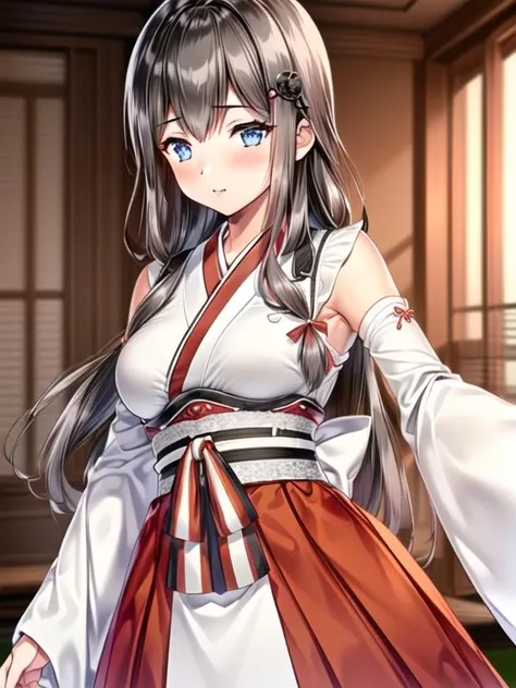 1girl,  <lora:Nittakanayama_v1:0.9>Nittakanayama,brown hair,long hair, hair ornament,japanese clothes, hakama skirt, obi,sleeveless, wide sleeves, white shirt,, <lora:flatBG:-0.6> ,<lora:flat2:-0.6>,(dark light:1.2),(hyper extreme detailed),(masterpeace:0.5),(hyper extreme),(photorealistic),game cg,llustration,novel illustration,beautiful lighting,light from the front,BREAK