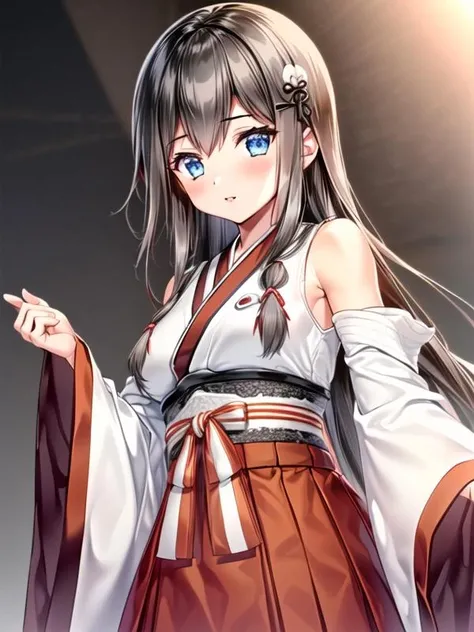 1girl, <lora:Nittakanayama_v1:0.9>Nittakanayama,brown hair,long hair, hair ornament,japanese clothes, hakama skirt, obi,sleeveless, wide sleeves, white shirt, red skirt, midam breasts,, <lora:flatBG:-0.6> ,<lora:flat2:-0.6>,(dark light:1.2),(hyper extreme detailed),(masterpeace:0.5),(hyper extreme),(photorealistic),game cg,llustration,novel illustration,beautiful lighting,light from the front,BREAK