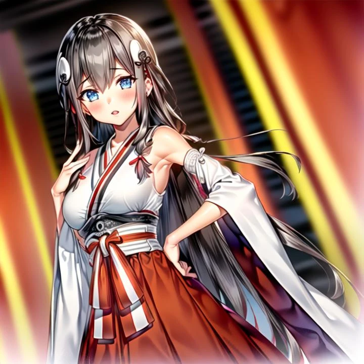 1girl, <lora:Nittakanayama_v1:0.9>Nittakanayama,brown hair,long hair, hair ornament,japanese clothes, hakama skirt, obi,sleeveless, wide sleeves, white shirt, red skirt, midam breasts,hand on hip,, <lora:flatBG:-0.6> ,<lora:flat2:-0.6>,(dark light:1.2),(hyper extreme detailed),(masterpeace:0.5),(hyper extreme),(photorealistic),game cg,llustration,novel illustration,beautiful lighting,light from the front,BREAK, <lora:GoodHands-beta2:1>,(good hand,nice hands, perfect hands:1.2),five finger,