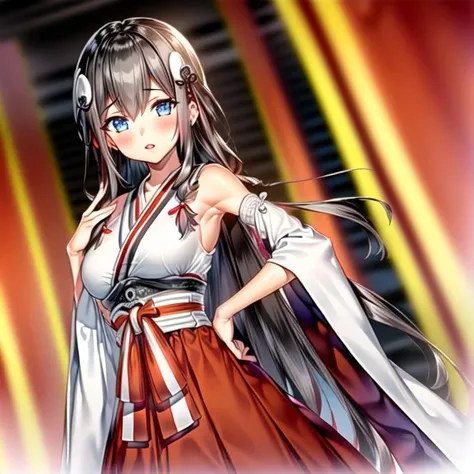 1girl,  <lora:Nittakanayama_v1:0.9>Nittakanayama,brown hair,long hair, hair ornament,japanese clothes, hakama skirt, obi,sleeveless, wide sleeves, white shirt, red skirt, midam breasts,hand on hip,, <lora:flatBG:-0.6> ,<lora:flat2:-0.6>,(dark light:1.2),(hyper extreme detailed),(masterpeace:0.5),(hyper extreme),(photorealistic),game cg,llustration,novel illustration,beautiful lighting,light from the front,BREAK, <lora:GoodHands-beta2:1>,(good hand,nice hands, perfect hands:1.2),five finger,