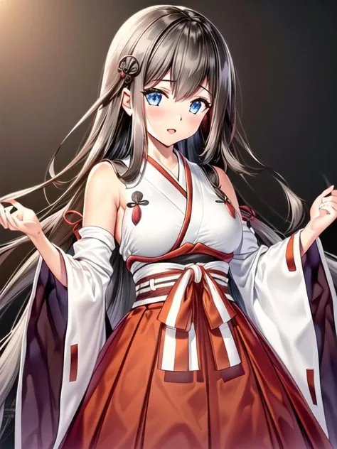 1girl,  <lora:Nittakanayama_v1:0.9>Nittakanayama,brown hair,long hair, hair ornament,japanese clothes, hakama skirt, obi,sleeveless, wide sleeves, white shirt,, <lora:flatBG:-0.6> ,<lora:flat2:-0.6>,(dark light:1.2),(hyper extreme detailed),(masterpeace:0.5),(hyper extreme),(photorealistic),game cg,llustration,novel illustration,beautiful lighting,light from the front,BREAK