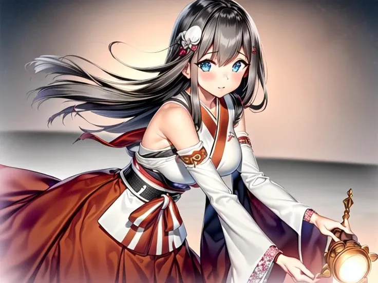 1girl,  <lora:Nittakanayama_v1:0.9>Nittakanayama,brown hair,long hair, hair ornament,japanese clothes, hakama skirt, obi,sleeveless, wide sleeves, white shirt, red skirt, midam breasts,, <lora:flatBG:-0.6> ,<lora:flat2:-0.6>,(dark light:1.2),(hyper extreme detailed),(masterpeace:0.5),(hyper extreme),(photorealistic),game cg,llustration,novel illustration,beautiful lighting,light from the front,BREAK