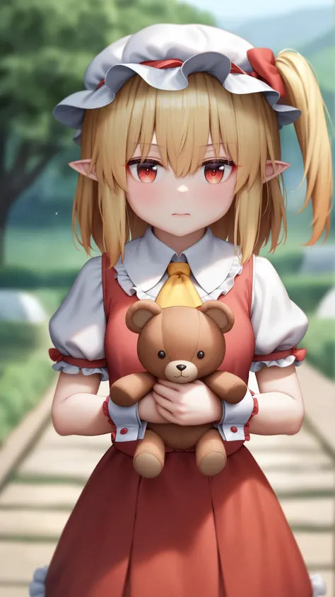 surreal,amazing quality,masterpiece,best quality,awesome,inspiring,cinematic composition,soft shadows,Film grain,shallow depth of field,highly detailed,high budget,cinemascope,epic,color graded cinematic,atmospheric lighting,imperfections,natural,shallow dof,
1girl,flandre scarlet,touhou,hat,mob cap,solo,blonde hair,stuffed toy,red vest,wings,stuffed animal,teddy bear,red eyes,crystal,vest,white headwear,outdoor,short sleeves,one side up,holding,puffy sleeves,skirt,shirt,pointy ears,red skirt,looking at viewer,puffy short sleeves,ascot,yellow ascot,wrist cuffs,white shirt,holding stuffed toy,bow,frills,red bow,collared shirt,ribbon,frilled shirt collar,red ribbon,medium hair masterpiece,best quality,very aesthetic,absurdres,