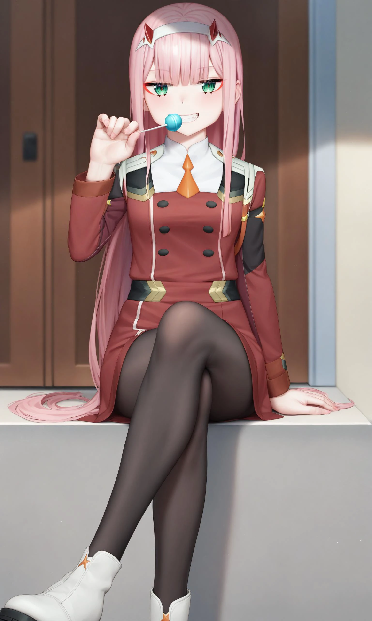 masterpiece, best qualityï¼ <lora:zerotwo:1>,1girl, zero_two_\(darling_in_the_franxx\), long_hair, solo, pink_hair, lollipop, candy, pantyhose, horns, food, green_eyes, hairband, smile, white_hairband, black_pantyhose, crossed_legs, looking_at_viewer, boots, sitting, holding, uniform, holding_candy, white_footwear, necktie, bangs, holding_food, military_uniform, military, short_necktie, holding_lollipop, very_long_hair, invisible_chair, orange_necktie, long_sleeves, grin