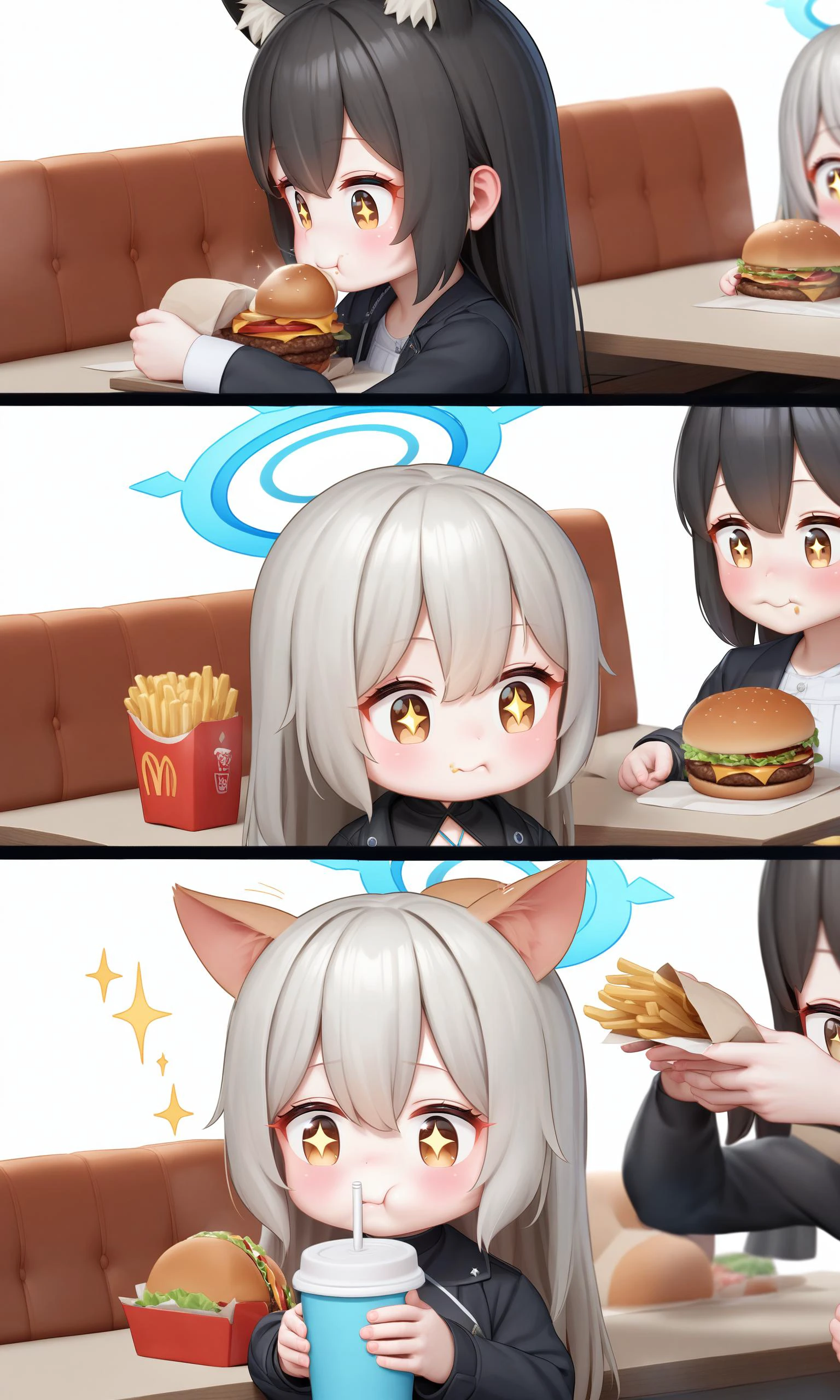 french fries,burger,food,2girls,grey hair,animal ears,ear wiggle,halo,eating,long hair,cup,white background,dress,holding food,black dress,simple background,holding,multicolored hair,black hair,disposable cup,sparkle,fast food,drinking straw,streaked hair,sparkling eyes,blush,+_+,vertical-striped dress,jacket,multiple girls,1girl,long sleeves,black jacket,blue halo,food on face,striped dress,afterimage,2girls,diamond cutout,closed mouth,brown eyes,
cinematic_lighting,reality_ray_tracing,Tyndall effect,Volumetric Lighting,3D graphics,physically-based rendering,