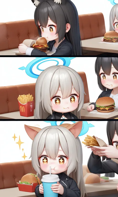 french fries,burger,food,2girls,grey hair,animal ears,ear wiggle,halo,eating,long hair,cup,white background,dress,holding food,black dress,simple background,holding,multicolored hair,black hair,disposable cup,sparkle,fast food,drinking straw,streaked hair,sparkling eyes,blush,+_+,vertical-striped dress,jacket,multiple girls,1girl,long sleeves,black jacket,blue halo,food on face,striped dress,afterimage,2girls,diamond cutout,closed mouth,brown eyes,
cinematic_lighting,reality_ray_tracing,Tyndall effect,Volumetric  Lighting,3D graphics,physically-based rendering,