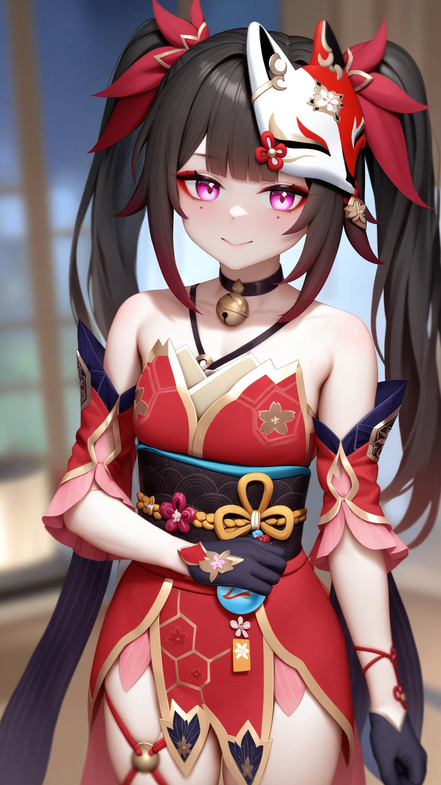 best quality,masterpiece,realistic,<lora:sparkle_v3:1>,1girl,sparkle \(honkai: star rail\),solo,gloves,japanese clothes,black gloves,bare shoulders,fox mask,,