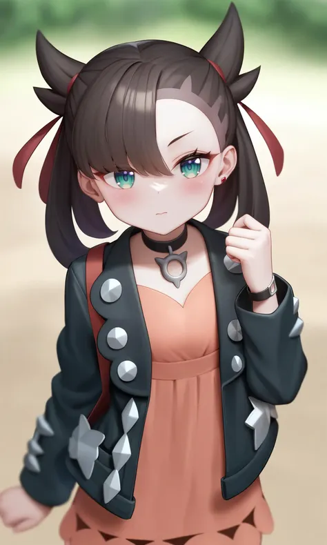 masterpiece,best quality,very aesthetic,absurdres,,<lora:marnie_(pokemon):1>,highres, head_tilt, outdoors, black_choker, blurry_background, dated, blush, 1girl, solo, bad_pixiv_id, red_ribbon, marnie_\(pokemon\), hand_up, black_jacket, day, hair_ribbon, open_jacket, earrings, commentary_request, looking_at_viewer, bad_id, closed_mouth, pink_dress