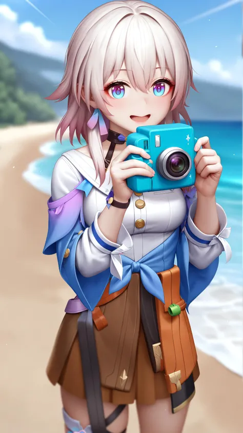 best quality,masterpiece,realistic,
1girl, cowboy shot, standing, March 7th \(Honkai: Star Rail\), holding camera, outdoors, beach, blue sky, sunlight